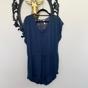 Others Follow Navy Short Sleeve Romper with Lace Across the Back Detail